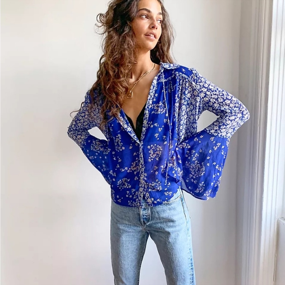 NEW Anthropologie free people Serena bell sleeve boho blouse top shirt floral XS